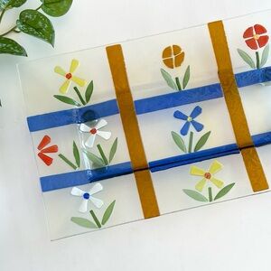 Vintage Floral Fused Art Glass Tray Handmade